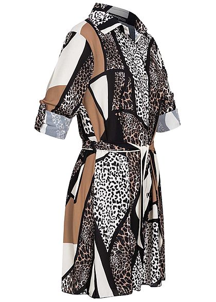 Styleboom Fashion Damen Turn-Up Crepe Kleid Leo ZigZag Print inkl. Gürtel braun