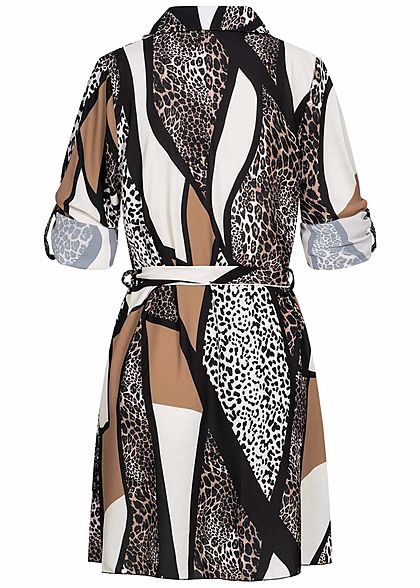 Styleboom Fashion Damen Turn-Up Crepe Kleid Leo ZigZag Print inkl. Gürtel braun