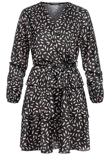 Styleboom Fashion Damen V-Neck Satin Kleid Feder Print Bindegürtel Stufenrock schwarz