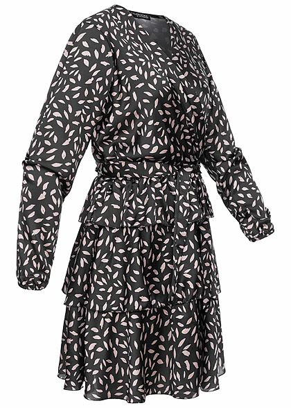 Styleboom Fashion Damen V-Neck Satin Kleid Feder Print Bindegürtel Stufenrock schwarz