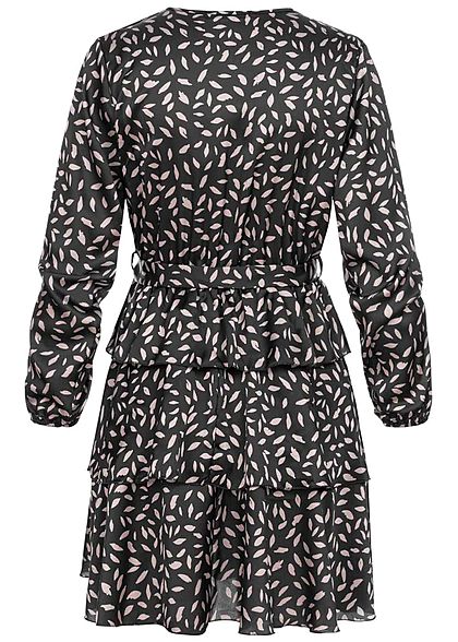 Styleboom Fashion Damen V-Neck Satin Kleid Feder Print Bindegürtel Stufenrock schwarz
