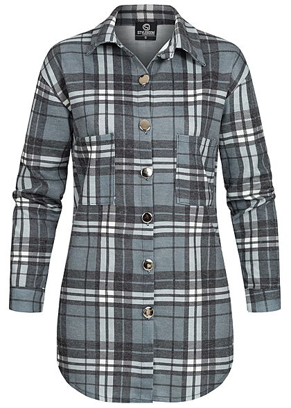 Styleboom Fashion Damen Oversized Winter Flanellhemd Karo Muster blau grau