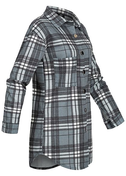 Styleboom Fashion Damen Oversized Winter Flanellhemd Karo Muster blau grau
