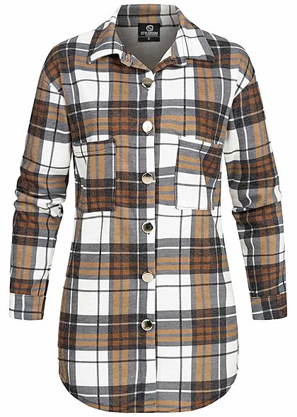 Styleboom Fashion Damen Oversized Winter Flanellhemd Karo Muster weiss braun