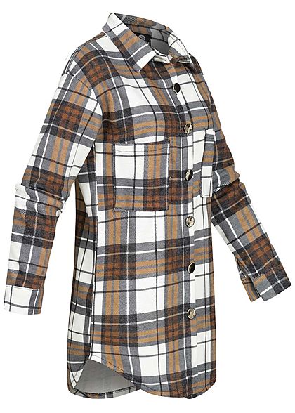 Styleboom Fashion Damen Oversized Winter Flanellhemd Karo Muster weiss braun