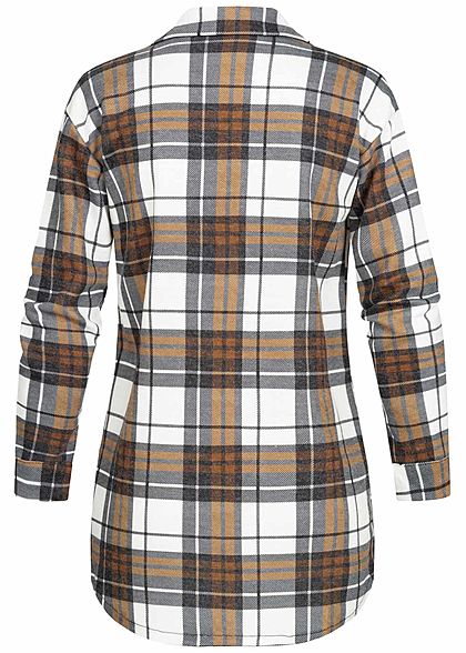 Styleboom Fashion Damen Oversized Winter Flanellhemd Karo Muster weiss braun