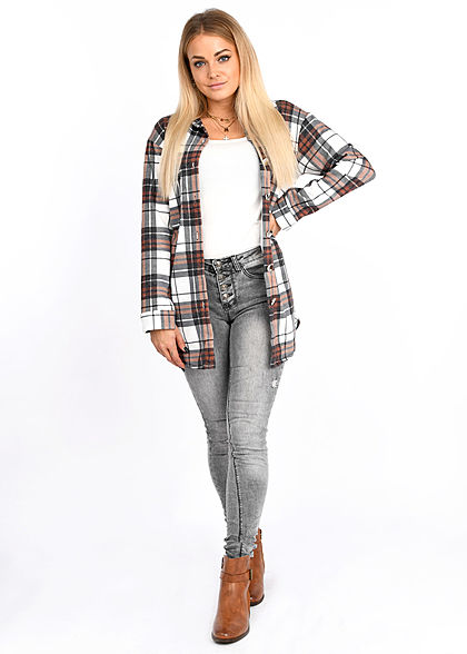 Styleboom Fashion Damen Oversized Winter Flanellhemd Karo Muster weiss braun