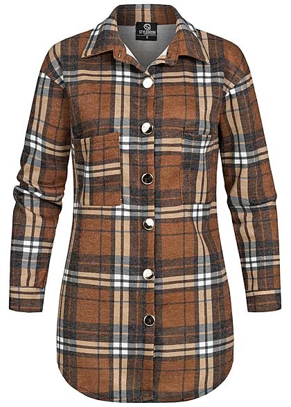 Styleboom Fashion Dames Oversized Winter Flanellen Overhemd geruite patroon bruin zwart