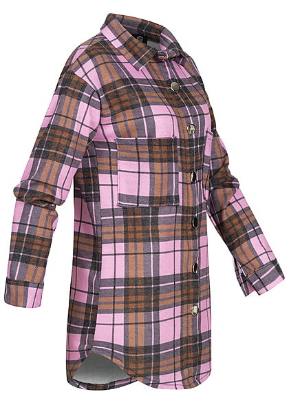 Styleboom Fashion Dames Oversized Winter Flanellen Overhemd geruite patroon pink bruin
