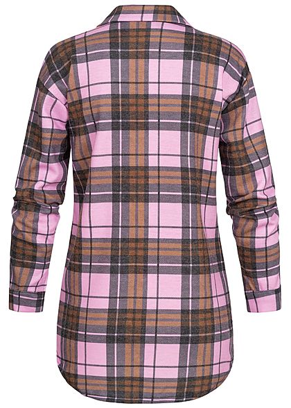 Styleboom Fashion Dames Oversized Winter Flanellen Overhemd geruite patroon pink bruin