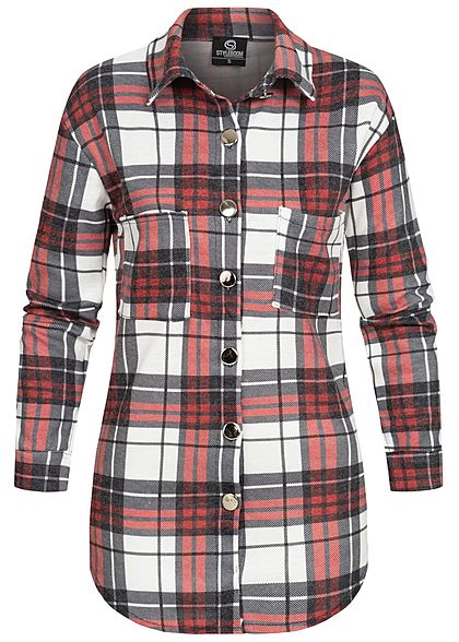 Styleboom Fashion Dames Oversized Winter Flanellen Overhemd geruite patroon wit rood