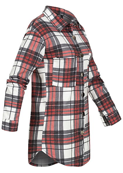 Styleboom Fashion Dames Oversized Winter Flanellen Overhemd geruite patroon wit rood