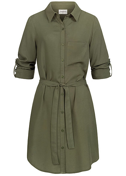 Seventyseven Lifestyle Damen Turn-Up Blusen Kleid inkl. Bindegürtel khaki grün