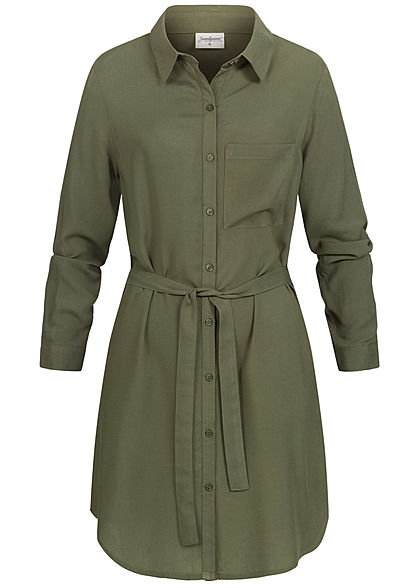 Seventyseven Lifestyle Damen Turn-Up Blusen Kleid inkl. Bindegürtel khaki grün