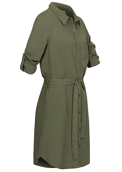 Seventyseven Lifestyle Damen Turn-Up Blusen Kleid inkl. Bindegürtel khaki grün