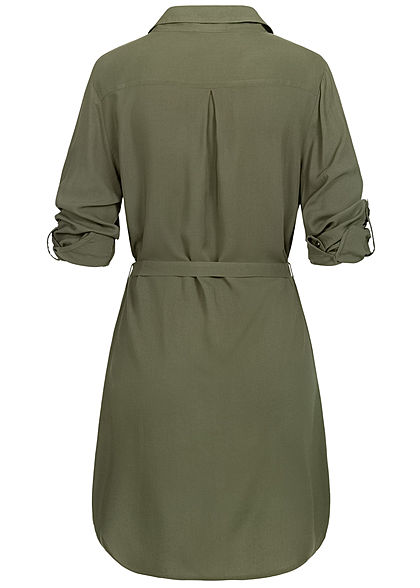 Seventyseven Lifestyle Damen Turn-Up Blusen Kleid inkl. Bindegürtel khaki grün