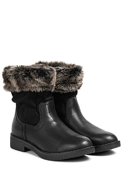 Seventyseven Lifestyle Damen Schuh Materialmix Halbstiefel Kunstfell Boots schwarz