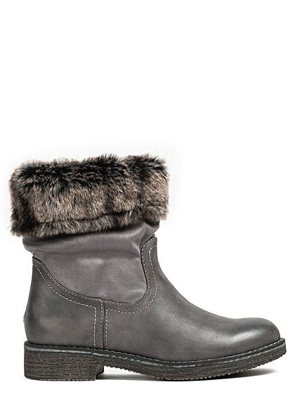 Seventyseven Lifestyle Damen Schuh Materialmix Halbstiefel Kunstfell Boots dunkel grau - Art.-Nr.: 20104561
