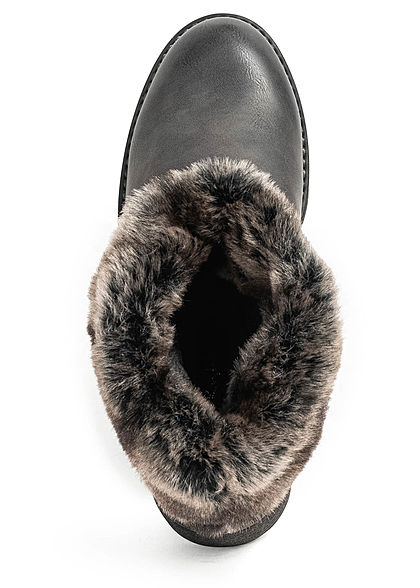 Seventyseven Lifestyle Damen Schuh Materialmix Halbstiefel Kunstfell Boots dunkel grau