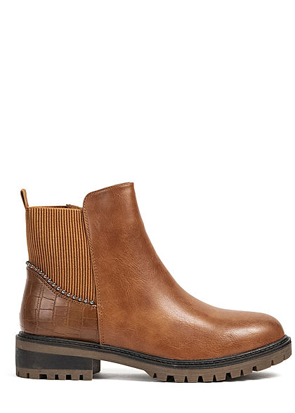 Seventyseven Lifestyle Damen Schuh Kunstleder Worker Boots Deko Nieten Zipper camel braun