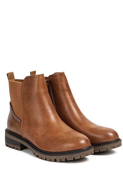Seventyseven Lifestyle Damen Schuh Kunstleder Worker Boots Deko Nieten Zipper camel braun