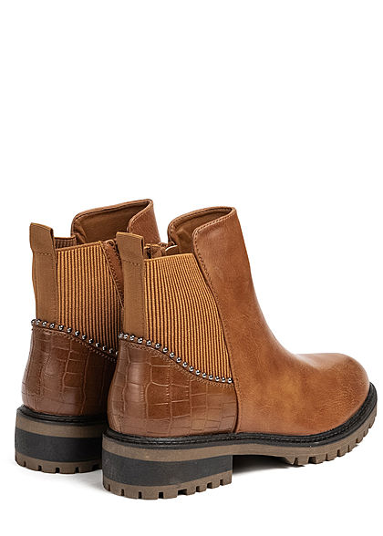 Seventyseven Lifestyle Damen Schuh Kunstleder Worker Boots Deko Nieten Zipper camel braun
