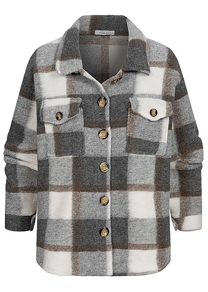 Hailys Damen Oversized Woll Jacke Karo Muster Knopfleiste 2 Brusttaschen braun grau