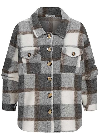 Hailys Damen Oversized Woll Jacke Karo Muster Knopfleiste 2 Brusttaschen braun grau