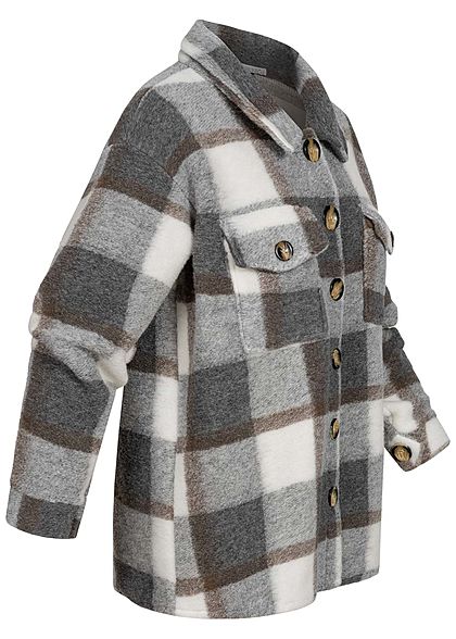 Hailys Damen Oversized Woll Jacke Karo Muster Knopfleiste 2 Brusttaschen braun grau