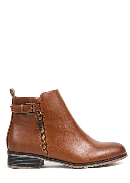 Seventyseven Lifestyle Damen Schuh Kunstleder Stiefelette Deko Schnalle & Zipper camel