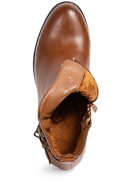 Seventyseven Lifestyle Damen Schuh Kunstleder Stiefelette Deko Schnalle & Zipper camel