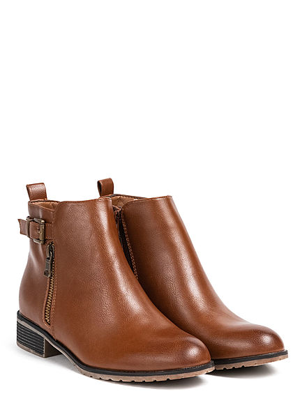 Seventyseven Lifestyle Damen Schuh Kunstleder Stiefelette Deko Schnalle & Zipper camel