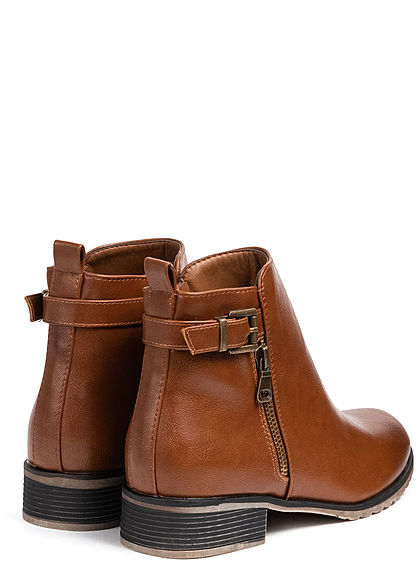 Seventyseven Lifestyle Damen Schuh Kunstleder Stiefelette Deko Schnalle & Zipper camel