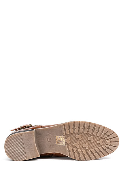 Seventyseven Lifestyle Damen Schuh Kunstleder Stiefelette Deko Schnalle & Zipper camel