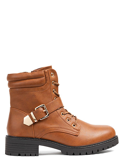 Seventyseven Lifestyle Damen Schuh Kunstleder Worker Boots Deko Schnalle camel braun