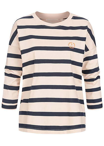 Tom Tailor Damen 7/8-Arm Longsleeve Streifen Muster Stickerei navy blau weiss