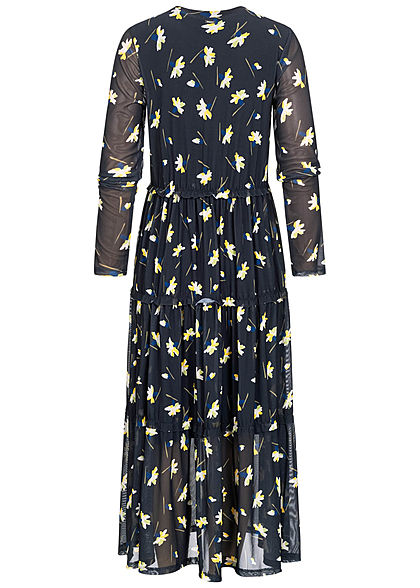 Tom Tailor Damen Midi Mesh Langarm Kleid Blumen Print 2-lagig navy blau gelb grn