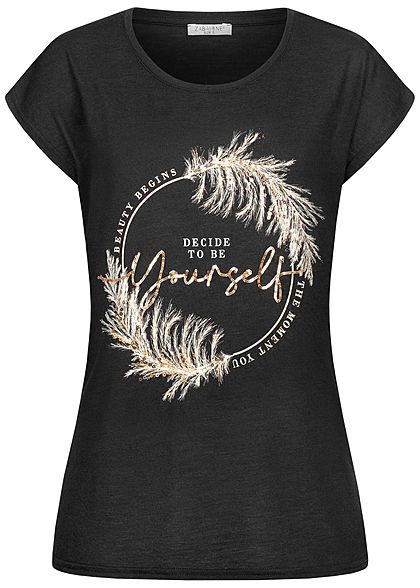 Zabaione Damen T-Shirt Yourself Pailletten Feder Print schwarz gold