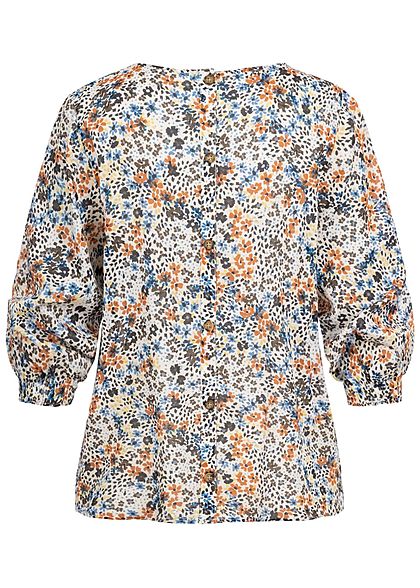 Tom Tailor Damen 3/4 Arm Bluse mit Blumen Print Knopfleiste hinten beige mc