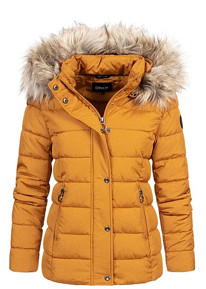 ONLY Damen kurze Steppjacke abnehmb. Kunstfellkapuze Jacke 2-Pockets pumpkin gelb
