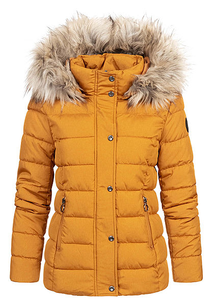 ONLY Damen kurze Steppjacke abnehmb. Kunstfellkapuze Jacke 2-Pockets pumpkin gelb