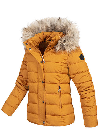 ONLY Damen kurze Steppjacke abnehmb. Kunstfellkapuze Jacke 2-Pockets pumpkin gelb