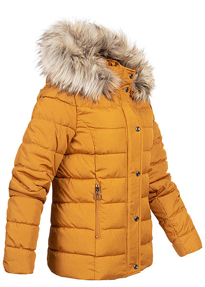 ONLY Damen kurze Steppjacke abnehmb. Kunstfellkapuze Jacke 2-Pockets pumpkin gelb