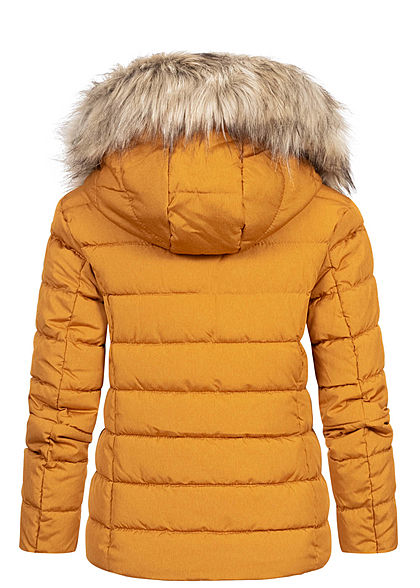 ONLY Damen kurze Steppjacke abnehmb. Kunstfellkapuze Jacke 2-Pockets pumpkin gelb