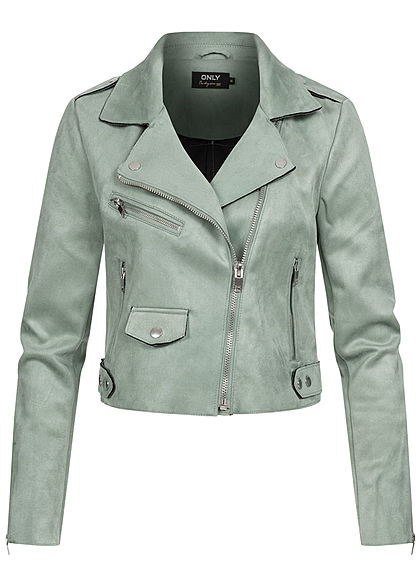 ONLY Damen kurze Biker Jacke Wildlederimitat 3-Pockets asymmetr. Zipper chinois grün