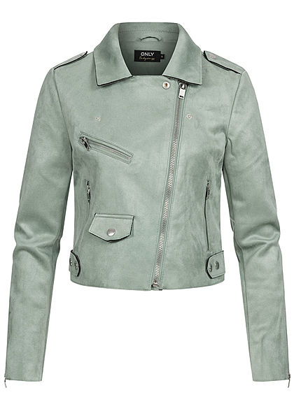 ONLY Damen kurze Biker Jacke Wildlederimitat 3-Pockets asymmetr. Zipper chinois grün