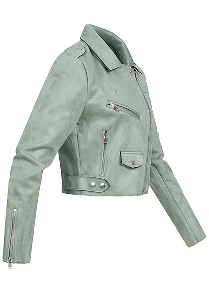 ONLY Damen kurze Biker Jacke Wildlederimitat 3-Pockets asymmetr. Zipper chinois grün