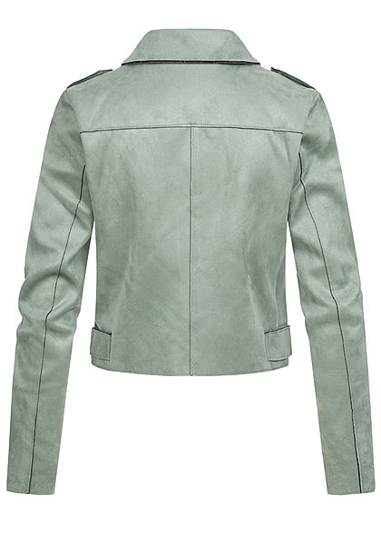 ONLY Damen kurze Biker Jacke Wildlederimitat 3-Pockets asymmetr. Zipper chinois grün