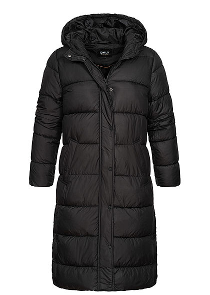 ONLY Damen langer Winter Puffermantel Steppjacke Kapuze 2-Pockets schwarz