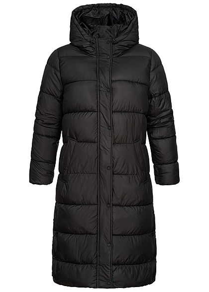 ONLY Damen langer Winter Puffermantel Steppjacke Kapuze 2-Pockets schwarz